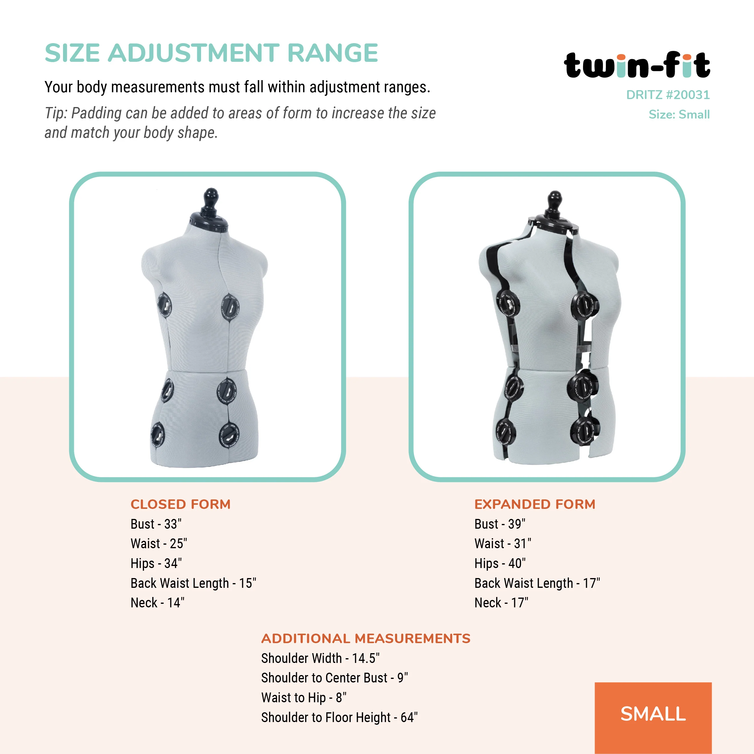 Twin-Fit Adjustable Dress Form, Small - Image 3