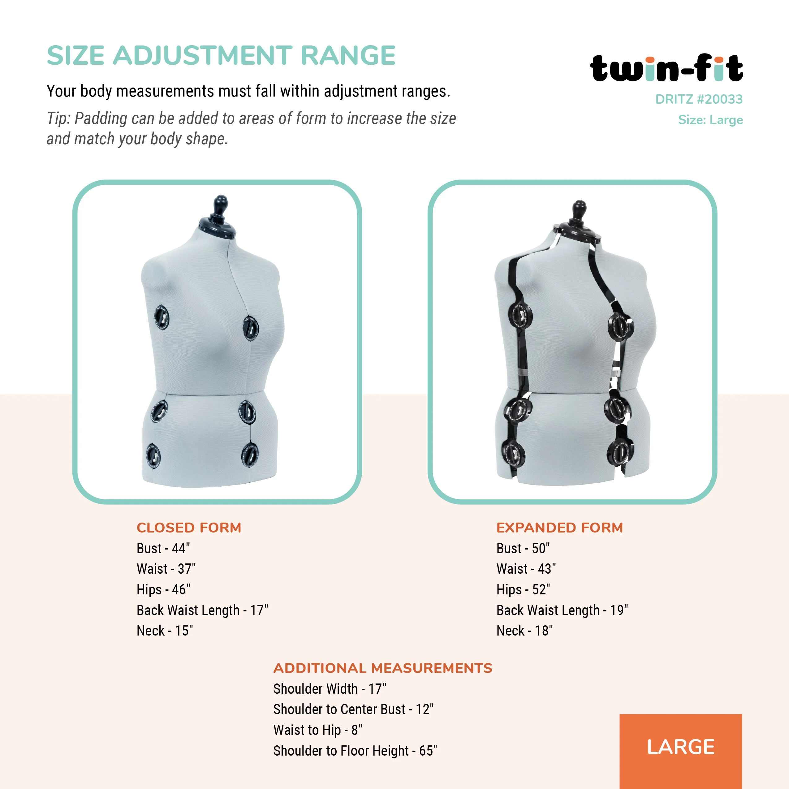 Twin-Fit Adjustable Dress Form, Large - Image 3