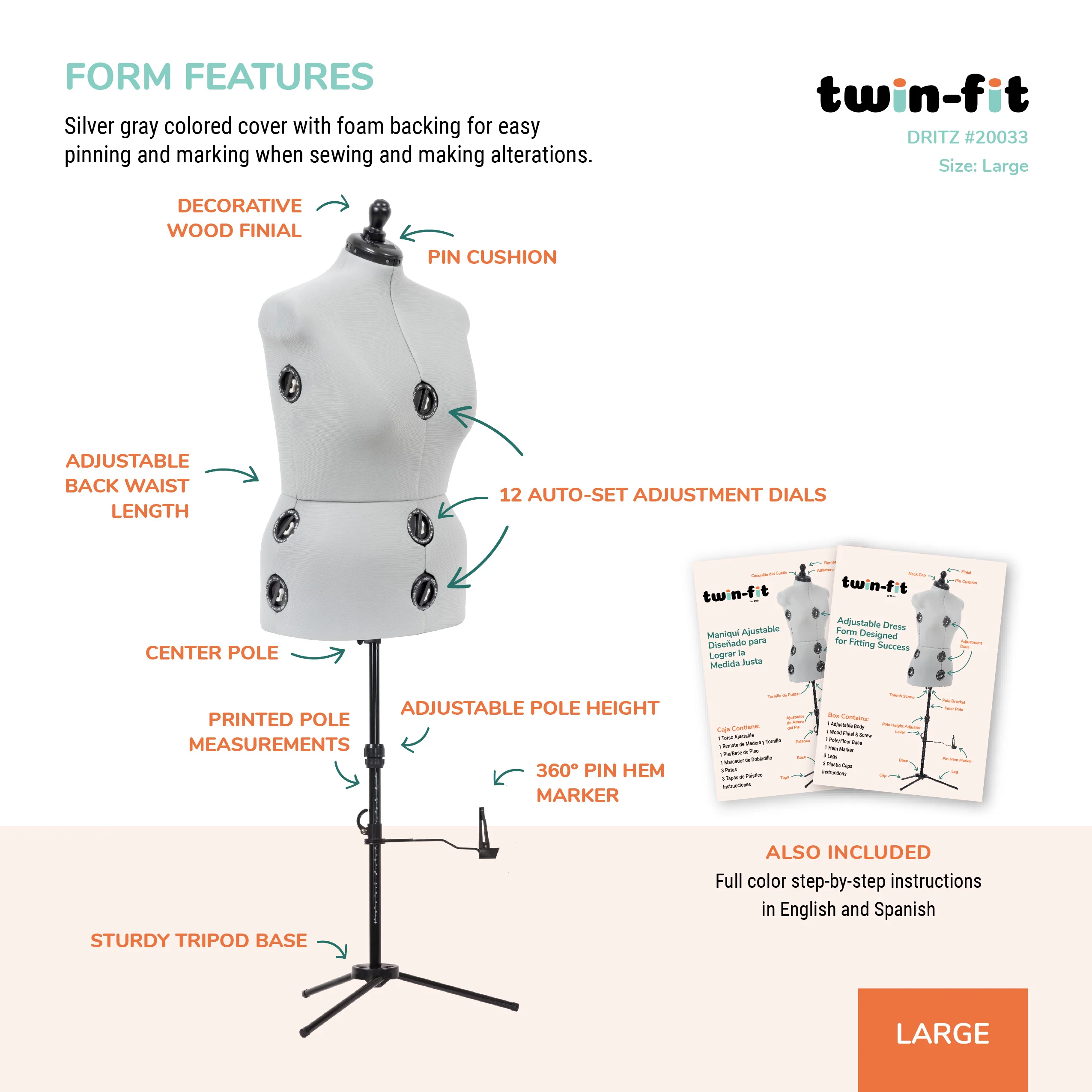 Twin-Fit Adjustable Dress Form, Large - Image 4