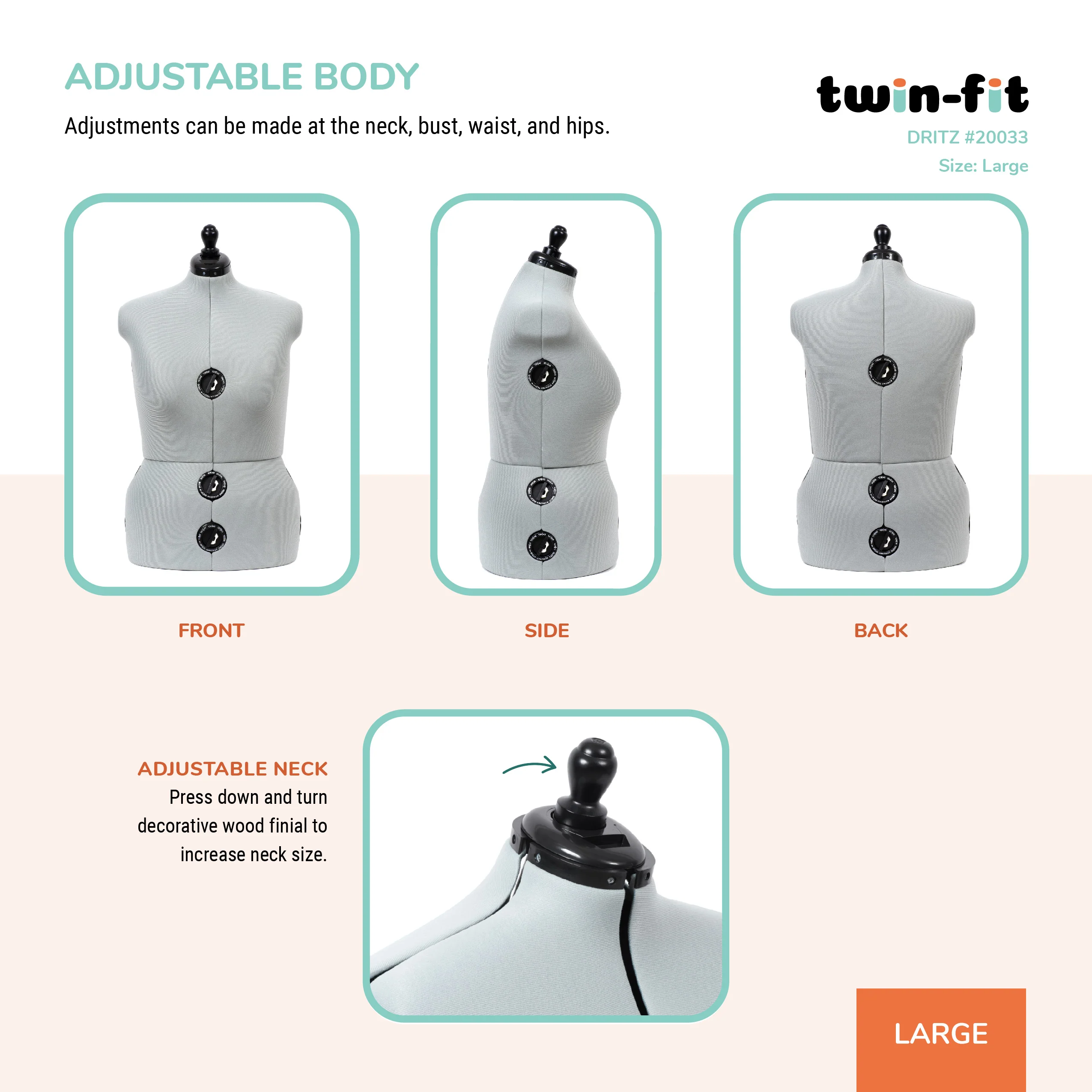 Twin-Fit Adjustable Dress Form, Large - Image 5