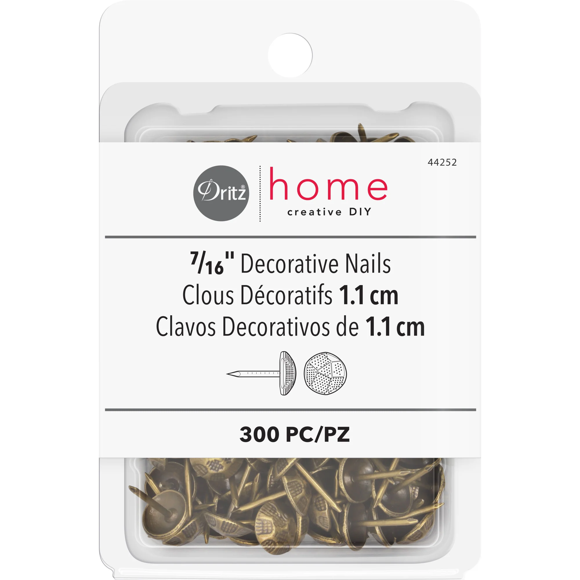 7/16" Textured Decorative Nails, Antique Brass, 300 pc