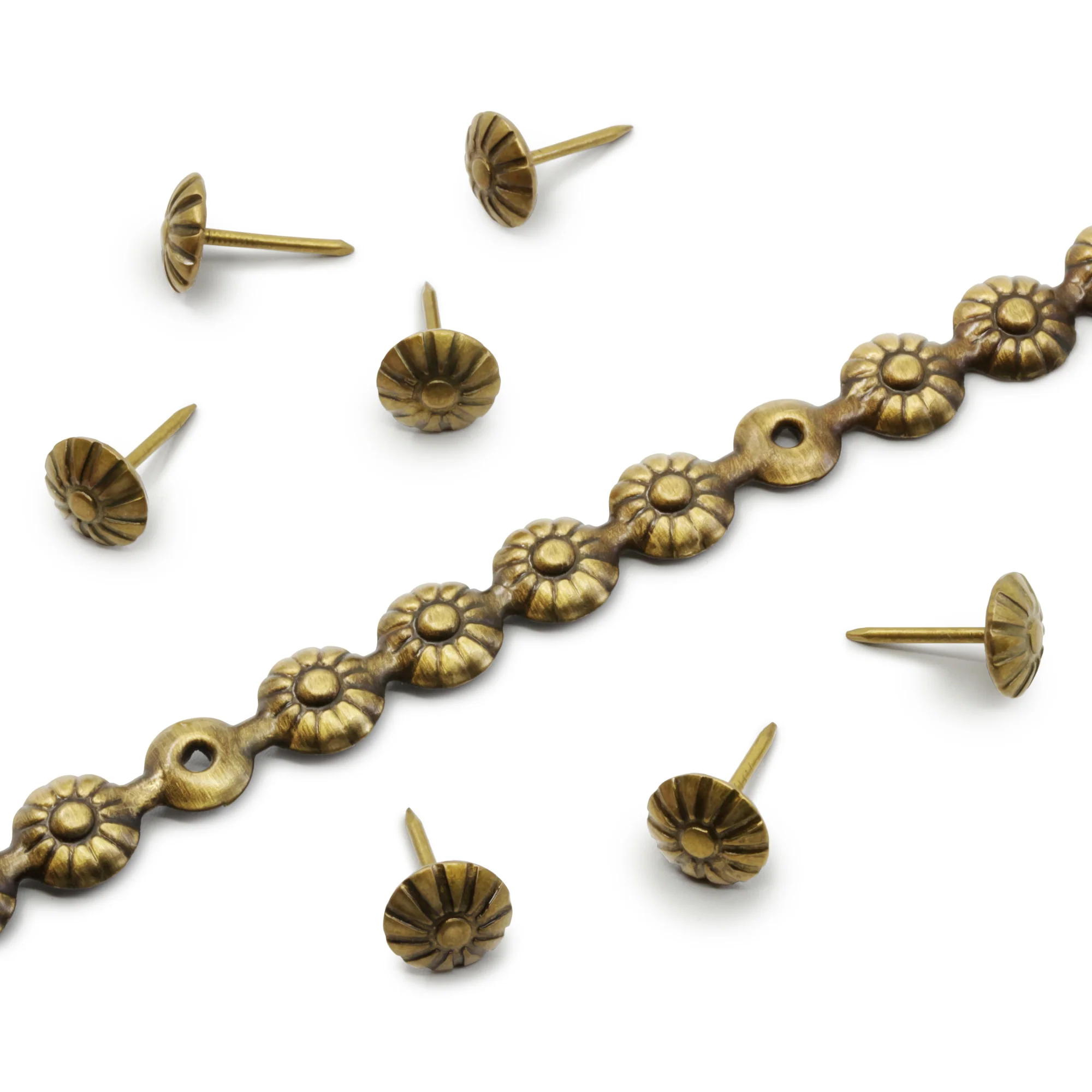 7/16" Decorative Daisy Nailhead Trim, Antique Brass, 5 yd - Image 3