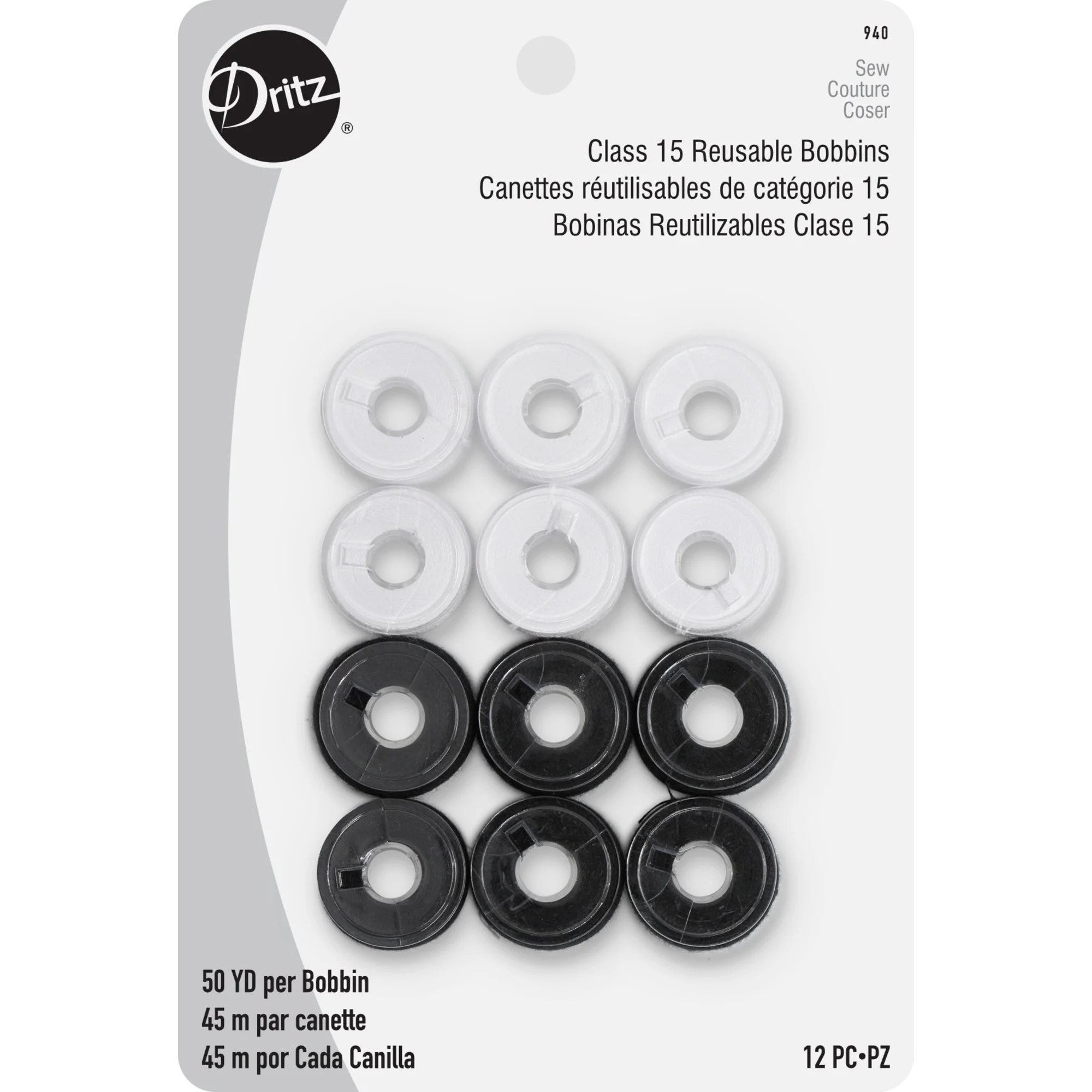 Class 15 Reusable Bobbins, Black & White, 12 pc
